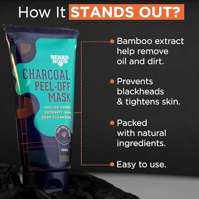 BEARDHOOD ACTIVATED CHARCOAL PEEL OFF MASK,100G | DEEP CLEANSING | BLACKHEADS REMOVAL | DEAD SKIN REMOVAL | SULPHATE AND PARABEN FREE (PEEL OFF MASK) - Image 3